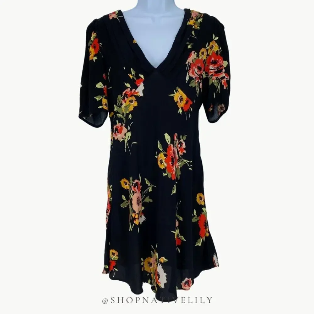 Free People Neon Garden Floral Mini Dress Size 4 Boho Puff Sleeve